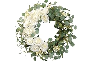 CIR OASES 20" Hydrangeas Spring Wreath for Front Door, Artificial Summer Green Wreaths with White Peony Flowers for Farmhouse Home Wedding Party Wall Windows Outdoor Decor（White）