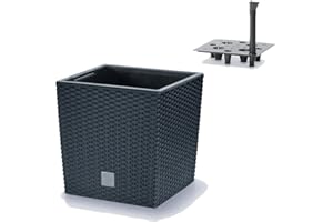 ‎PROSPERPLAST Prosperplast Blumentopf in Rattan-Optik mit Einsatz und Bewässeerungssystem | anthrazit | wetterfest & UV-beständig | aus robustem Kunststoff | für Innen- und Außenbereich | 40 x 40 x 40,8 cm