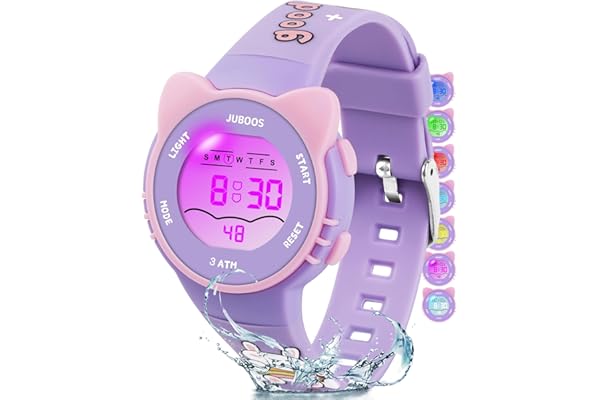 Juboos Montre Enfant avec Bracelet Imprimé et 7 Lumières Colorées,Montre Digitale Étanche pour Enfants avec Oreilles de Chat pour Garçons et Filles de 5 à 15 Ans