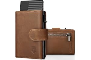 DODENSHA Card Holder Wallet, RFID Blocking Genuine Leather Pop Up Credit Card Wallet with Coin Pocket, ID Window, Banknote Compartment & Snap Closure