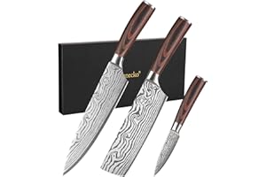 Sunnecko Set Coltelli da Cucina Professionali - Coltello 3 pezzi Spelucchino Chef Giapponese Nakiri in Acciaio Inox Laser, per Verdure Ristorante Carne Frutta