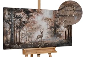 KunstLoft Leinwandbild | 100% HANDGEMALT | 120x60cm | Gemälde 'Stag in the Brume' | Hirsch | Braun | Wandbild Wohnzimmer
