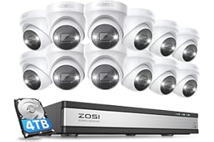 ZOSI 4K Kit de Cámara de Seguridad PoE 16CH 8MP H.265+ Grabador NVR con 12pcs Cámara de Vigilancia Exterior, Visión Nocturna en Color, Alarma de Luz y Sirena, 4TB HDD para Grabación 24/7