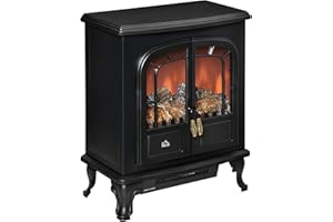 HOMCOM Electric Fireplace Stove Heater with LED Fire Flame Effect, Double Door, Freestanding & Portable with Overheat Protection, 1000W/2000W, Black