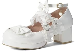 elerhythm Women's Mary Jane Platform Chunky Block Heels Cute Cosplay Kawaii Bow Lace Dresses Crossed Round Toe Ankle Strap Shoes