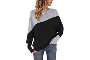 WNEEDU T-Shirt à Manches Longues pour Femme col Rond Patchwork de Couleurs Pull à Poignets serrés