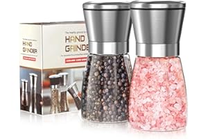 JANREAY Młynek do pieprzu, 180 ml, 2 sztuki, stal nierdzewna, młynek do soli i pieprzu, młynek do soli o dużej pojemności z regulowanym ceramicznym mechanizmem mielącym, przezroczysty korpus butelki do