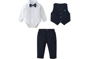 Amissz Baby Boy Clothes Outfit Suits 3-24 Months, Infant Gentleman Long Sleeve Romper Jumpsuit+Pants+Bow Tie Formal Tuxedo Clothing Set for Boys