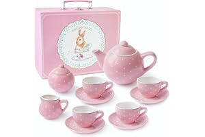 Jewelkeeper Toddler Tea Party Set - 13-Piece Porcelain Tea Set for Girls - Includes Teapot, Cups, Saucers, Sugar Bowl and Milk Jug with Carry Bag (Pink Polka Dot)