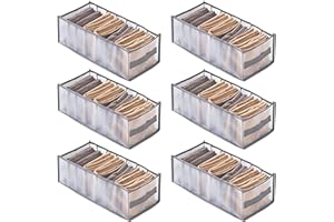TOUYINGER 6 Pcs Wardrobe Storage Organiser, 7 Grids Clothes Storage Jeans Organiser Durable Foldable Drawer Boxes with Dividers for Leggings, Tights, Socks, Silk scarf