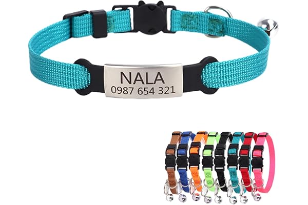 Collier de Chat Chaton Homme Femme Gravure Personnalisé avec Nom Numéro de Téléphone Boucle de Securite Anti Étranglement Étiquette Identification Clochette