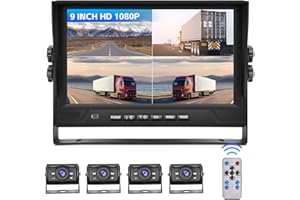 OILIEHU Caméra de recul Filaire Système Kit, HD 1080P Moniteur 9 '' et 4 × Caméra de recul Vision Nocturne Infrarouge et étanche IP69, avec 2 x 32.8ft, 2 x 65.6ft Câble, Caméra de recul pour Camions/SUV/RV