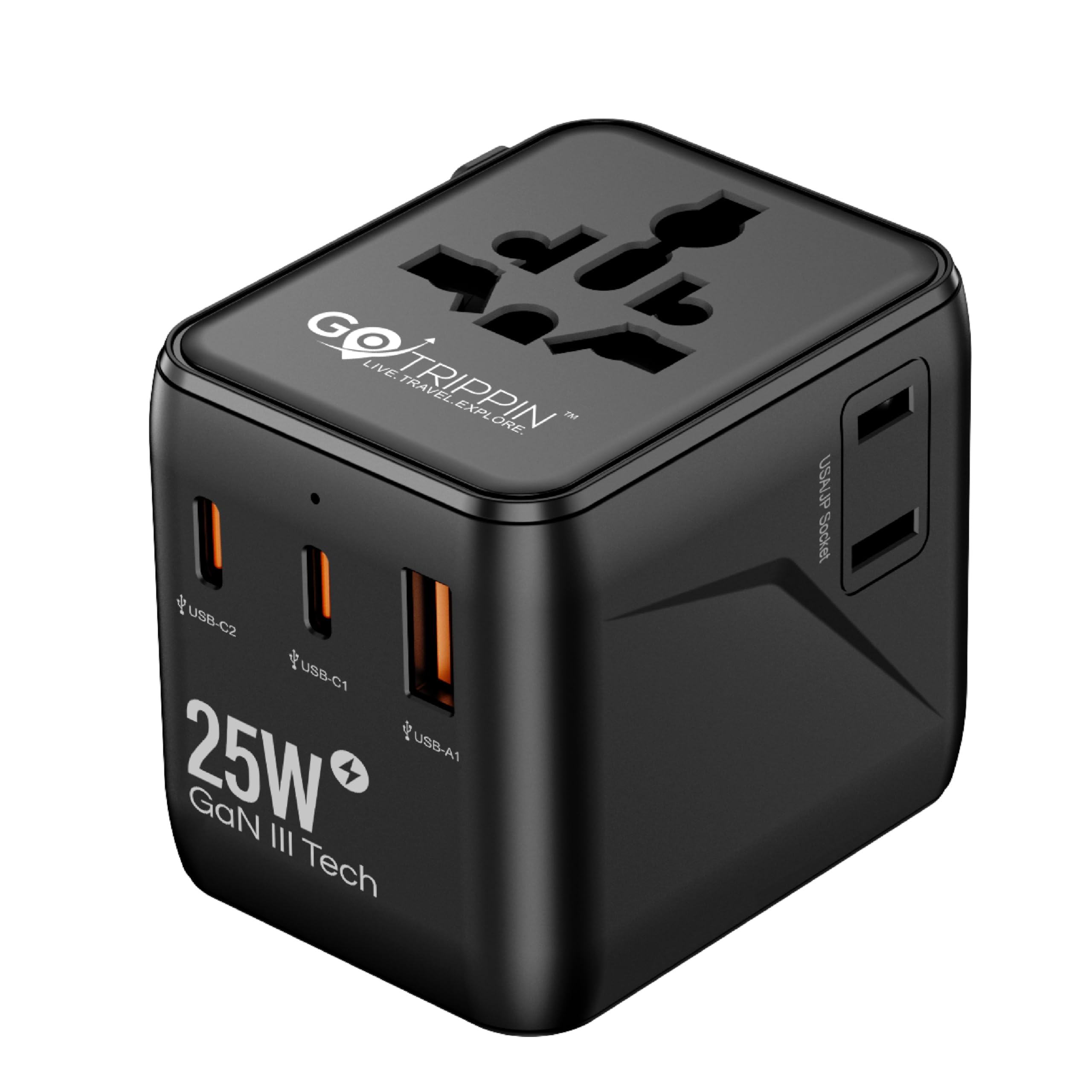 Gotrippin by Destinio Universal Travel Adapter - (25W) 5-in-1 Fast Charging Multi Plug Adapter, 2 Type C; 1 USB A; 1 USA Socket; International All in One Charger Adaptor