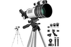 VINTEAM Teleskop für Kinder 70/300mm Teleskop Astronomie Teleskop Einsteiger 3PCS Okulare & 2 PCS Barlow-Linse 15x-150x Telescope mit Handyhalterung, Aluminium Stativ, Mondfilter