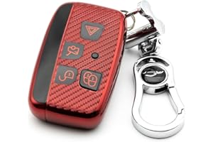 M.JVisun Soft Carbon Fiber Finish Car Key Fob Cover For Land Rover Discovery 4/Sport Freelander 2 For Range Rover Evoque/Sport/Velar Electroplated TPU Case With Metal Keychain - Red