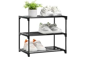 OLYREO Shoe Rack, Stackable Small Shoe Racks 3 Tier, Footware Storage, Slim Shoe Rack Storage Organizer, Black Shoe Stand for Hallway, Bedroom,Quick Assembly