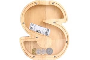 Wooden Letter Piggy Bank,Ompinda Personalized Wood Alphabet Letter Bank Money Box(Custom Name) Unbreakable Transparent Coin Piggy Bank Birthday Gift for Kids (S)