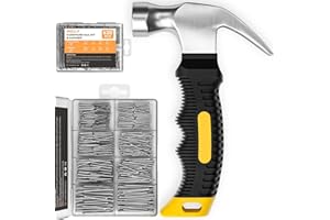 INCLY 620 PCS Small Nails for Hanging Pictures Assortment Kit with 8oz Small Yellow Hammer, Claw Hammer with Hardware Nails Assorted Set 310 Wall Nails & 310 Finish Nails for Installing with Case