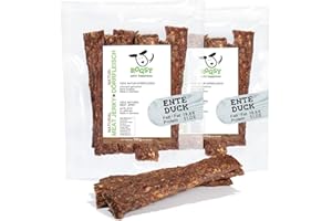 ROQSY Naturalne suszone mięso 100% kaczki, suszone mięso dla psów, 200 g/2 x 100 g, dodatek barf, bez zbóż, Jerky, przekąska dla psów, paski do żucia, smakołyki, mięso zakupowe delikatnie suszone