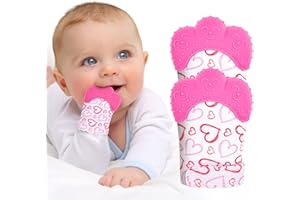 Vicloon Guanto da Dentizione per Bambini, 2 Pezzi Lenitivo Dentizione Mitten con Progetto Regolabile, Dentizione Neonati Giocattolo Guanti di Protezione con Massaggiagengive in Silicone, Cuore Rosa