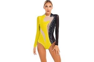 iEFiEL Damen Glitzer Ballettanzug Langarm Turnanzug Patchwork Body mit Strass Ballett Trikot Tanz-Body Gymnastikanzug
