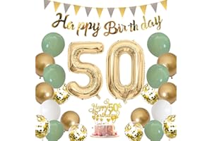 Moorle 50. Geburtstag Deko für Frau und Mann - Salbeigrüne Dekoration mit Luftballons, Party Ballons, Banner, Flaggen und Tortendeko