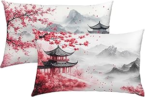 GNULGUXO Housse de Coussin 40x60 Lot de 2, Velour Coussin Japon, Fleurs de cerisier Taies d'Oreillers Double Face à Motif, Taie Oreiller avec Fermeture Eclair Caché pour Decoration Maison, Cadeau Femme X-285