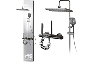 INEX EUROPA Columna Ducha Negro Gris Titanio con Cabezal Cuadrado - Columna de Ducha 4 Modos y Altura Ajustable – Cabezal, Chorro, Grifo y Alcachofa de Ducha – 10 Años de Garantía