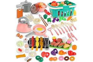 Rupoku Kinderküche Spielküche Zubehör, 91-teiliges Rollenspiele Matschküche Spielen Lebensmittel Topfset Kindergeschirr Picknickkorb Küchenspielzeug Geschenke für Kinder Jungen Mädchen ab 3 4 5 Jahre