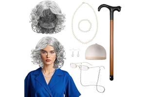 UILYNIU Set Costume da Nonna Parrucca Grigia Parrucca Nonna Occhiali con Catena Cappello da Parrucca Collana di Perle Orecchini Bracciale Canna Gonfiabile Travestimento da Nonna