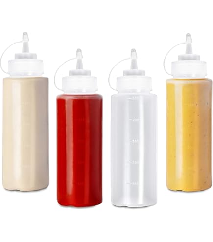 Bouteilles compressibles de 16 oz avec bouchons, Happybase Lot de 5 bouteilles compressibles de sauce, distributeurs compressibles en plastique avec mesures pour ketchup, BBQ, sauces, sirop Bouteilles compressibles de 16 oz avec bouchons, Happybase Lot de 5 bouteilles compressibles de sauce, distributeurs compressibles en plastique avec mesures pour ketchup, BBQ, sauces, sirop