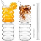 Bubble glazen 350 ml met rietje, set van 4 geribbelde glazen | Voor Latte Macchiato, ijskoffie, whisky, cocktails, yoghurt, k
