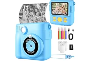 YKSLEMON Aparat do natychmiastowego druku, aparat cyfrowy dla dzieci, 1080p HD, nagrywanie zdjęć i filmów z kartą SD 32G, 3 rolki papieru fotograficznego dla chłopców i dziewcząt w wieku 6-12 lat, prezenty