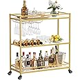 Lifewit Drink Trolley, 3 Tier Bar Cart on Lockable Wheels, Kitchen Serving Wine Trolley for 12 Glass Holders and 4 Wine Rack, Cocktail Alcohol Trolley for Dining Livingroom, 80.2 x 33.2 x 86 cm, Gold