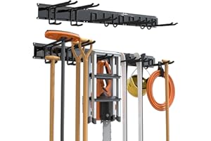 3-H 120cm Soporte Herramientas Pared,Ganchos Garaje SUS304 Acero Inoxidable Organizador Herramientas Pared con 14 Ganchos,3 Rieles Deslizables,4 Correas para Esquí Silla Manguera Garaje Jardín