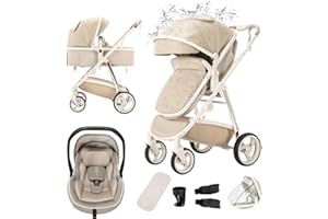 Gcarebb Leather 3 en 1 Cochecitos, Cochecitos Citadines con Asiento de Auto, Cochecitos Portátil Plegable con Un Clic, Cochecitos Combinados Paisaje Alto Marco de Aluminio