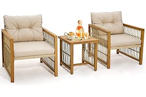 ‎COSTWAY COSTWAY 3tlg. Gartenmöbel Akazienholz Set inkl. 2 Holzsessel und 1 Beistelltisch, Sitzgruppe mit Rückenkissen und Sitzkissen, Sitzgarnitur für Veranda, Balkon