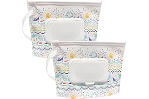 ALKAIDCHAO Lot de 2 pochettes portables de petite taille pour lingettes humides (17,8 x 13,7 cm), réutilisables et rechargeables, respectueux de l'environnement, pratique pour transporter les couches (océan