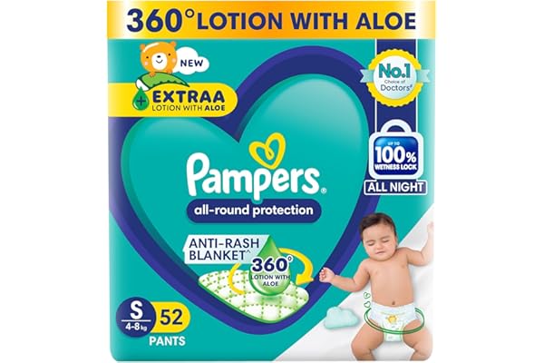 Pampers Complete Skin Comfort Pants, (SM) 52 Count, Anti-rash blanket, Lotion with Vitamin E & Aloe Vera, Small size baby diapers, 4-8 kg
