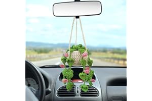 Kunyeah Crochet Hanging Plant for Car Cute Potted Plants Crochet Decor Car Mirror Hanging Accessories Rear View Ornament Hanging Boho Handmade Knitted Pendant (Pink)
