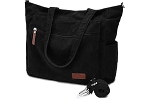 Kasgo Grand Cabas Femme Velours Côtelé, Léger Sac Fourre Tout Zippé 15,6 Pouces Poches Multiples Pratique Sac à Main Bandoulière avec Bandoulière Amovible pour Travail École Voyage Gym