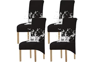 KELUINA Stretchy Waterproof Jacquard Chair Covers for Dining Room Chairs,Stretch Spandex with Elastic Band Chaircover,Large Dining Chair Slipcovers for Restaurant Hotel Party Banquet(Black1, Set of 4)