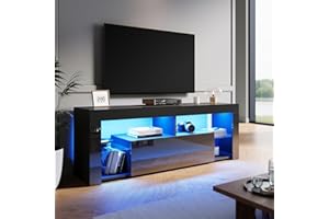 ZANOFIRA TV Stand Cabinet with 16 RGB LED Lights, High Gloss Black TV Stand with Large Storage, 1 Drawer & 2 Glass Shelves for Living Room, Bedroom 1400 x 350 x 505mm