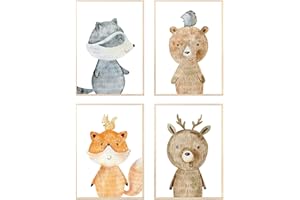 MeinBaby123® Set di 4 poster per cameretta dei bambini, formato DIN A4, motivo: animali della foresta, acquerello, poster da parete di alta qualità (animale su animale, set da 1)