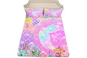 MANFEI Mermaid Fitted Sheet Double Size, Colorful Fish Scale Bedding Set 3pcs for Kids Boys Girls, Fish Seahorse Jellyfish Conch Bed Cover with 2 Pillowcases, Soft Polyester Bedding