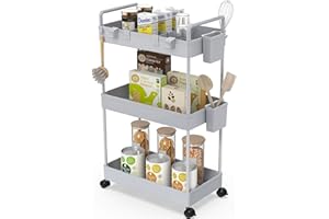 Ronlap Carrello Portaoggetti Sottile, Organizzatore di Stoccaggio Carrello a 3 Livelli, Carrello Portaoggetti su Ruote, Scaffale Cestino in Rete con Maniglie Ergonomiche, Grigio, 22x40x66 cm