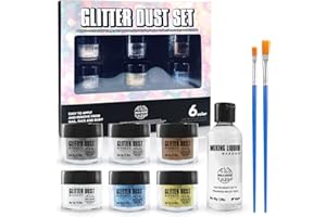 VIOLA HOUSE Polvere Glitterata, Trucco Natalizio di Halloween per Viso, Capelli, Occhi e Corpo. 6 Polveri Glitterate + 1 Liquido di Miscelazione + 2 Pennelli.
