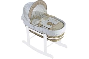 ELEGANT BABY Kinder Valley Beary Nice Cream Palm Moses Basket with Deluxe White Rocking Stand, Adjustable Hood, Mattress & Padded Liner