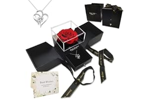 FIMAGO Preserved Rose with Necklace Valentine Gift for Her Forever Rose Girlfriend Gifts for Wife Anniversary Birthday Gift Box Design Double Surprise