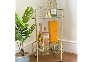 spot on dealz® Drinks Trolley Kitchen Island Bar Cart Trolley Serving Cart With Two Glass Shelves Gold Mini Bar Table Four Plastic Castor Wheels Flat Pack Item